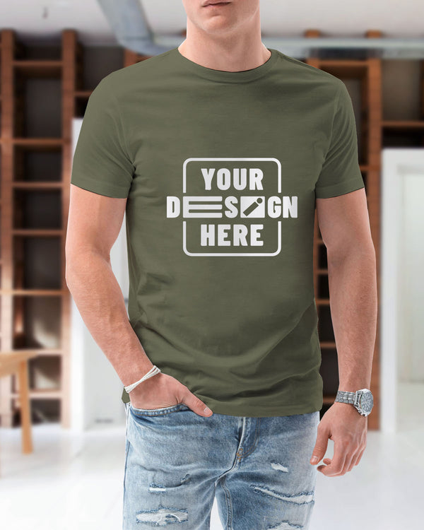 Adult Unisex Solid Olive Green Color Round Neck Half Sleeve T-Shirt